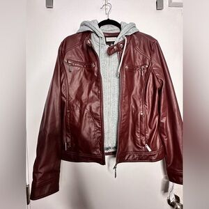 Jou Jou brown/ Burgundy faux  Leather Jacket with Gray Hoodie.  Women’s Size XL